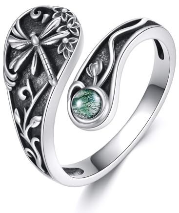 JERWLI Dragonfly Ring S925 Sterling Silver Dragonfly Spoon Ring Adjustable Thumb Rings Moss Agate Jewelry Gift For Women Female (9)