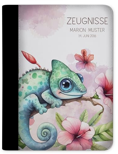 CreaDesign Zeugnismappe A4 mit Namen personalisiert für Kinder – Chamälion – Dokumentenmappe Schule ohne Klarsichthüllen
