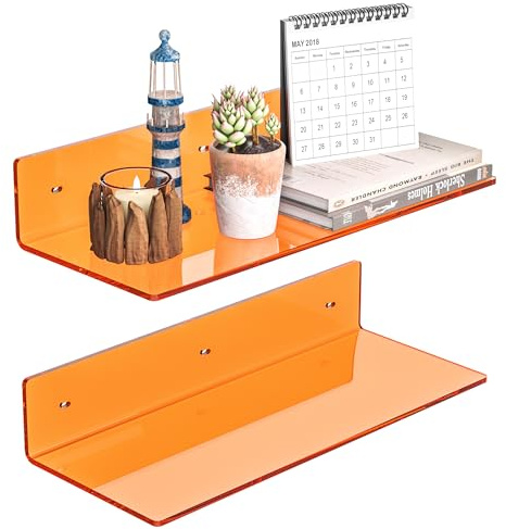 Sezanrpt 38cm Orange Acryl Wandregale 2 Packung, L Form schwimmendes Regal, Perspex Wandregale für Wanddekor, Moel Auto, Kerze, Kalender, Handtuch, Gewebe