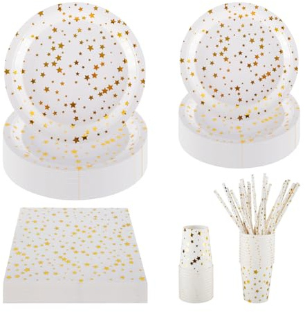 CEILIWEN 125PCS White & Gold Stars Party Tableware Set - 9'' & 7'' Foil Paper Plates, Napkins, Cups & Straws - for Christmas, Birthday, Wedding, Graduation, New Year (White & Gold Stars)