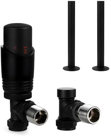 VANCOCO Matte Black Thermostatic Radiator Valve 1/2×15mm Angled with Lockshield + 130mm×15mm Radiator Pipe, Thermostat TRV Set, H62 Brass, Energy Saving