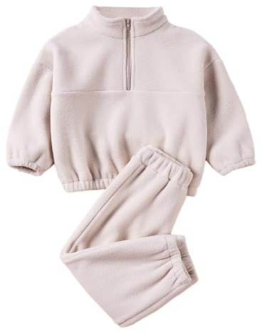 Kids Cozy Fleece Sweatsuit Outfits Set Quarter-Zip Long Sleeve Top Elastic Waist Pants Boys Girls (Beige, 2-3 years)