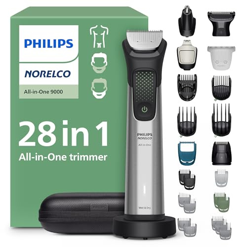 Philips Norelco All-in-One 9000 Series 28-Piece Trimmer - Electric Shaver and Clipper for Face, Beard, Head & Body, Self-sharpening Full Metal Blades, 27 Length Settings (0.5-20 mm), MG9585/49