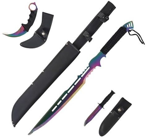 Claymeur 67 cm Machete-Schwert aus Edelstahl in Regenbogenfarbe mit Nylonscheide für Sammlung und Outdoor-Einsatz