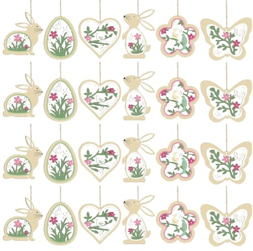 ZYEKIU 24 Stück Osterdeko zum Aufhängen Frühlingsdeko Anhänger | Frühlingsdeko Holz Fensterdeko Hängend Hängedeko Schmetterlinge Blumen Ostern Deko für Wohnzimmer Schlafzimmer Wände (Green)