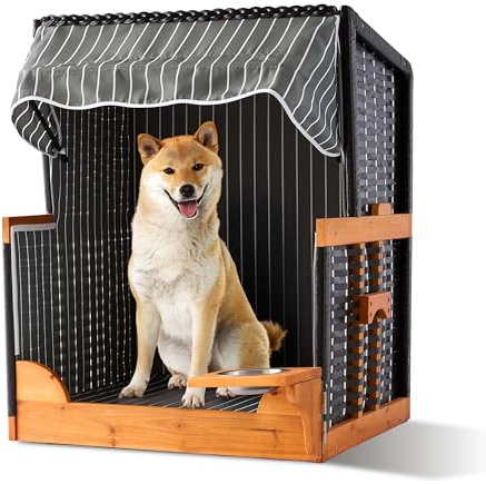 Relaxdays Hundestrandkorb, Rattan, mit Napf, Hundesessel mit Dach, HBT: 95x75x65 cm, für Garten & Terrasse, Holz, grau