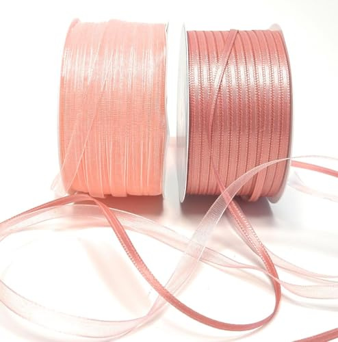 2 Rollen Schleifenband - je 1 Rolle 50 Meter Satinband 3mm altrosa und Organzaband 6mm rosa
