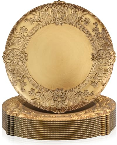 Xaztr 12 Pack Antique Gold Charger Plates 13 Inch 33 cm Decorative Plastic Charger Plates with Embossed Rim for Dinner Party Wedding Table Setting