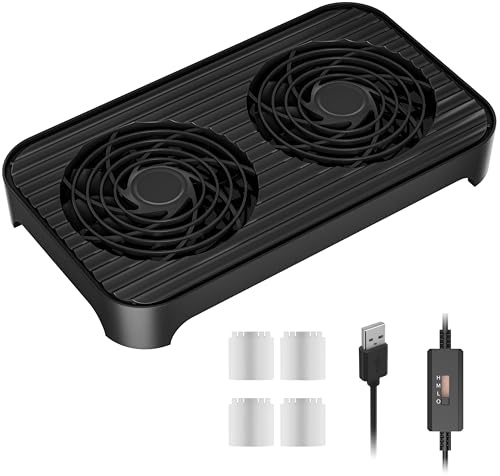 GSCOLER X4 V2 Router Fan, Dual 140mm USB Cooling Stand, 3-Speed, Black | Quiet, stackable cooling base with operating noise up to 18 dB(A) for mini PCs, broadband hubs, switches and AV equipment.