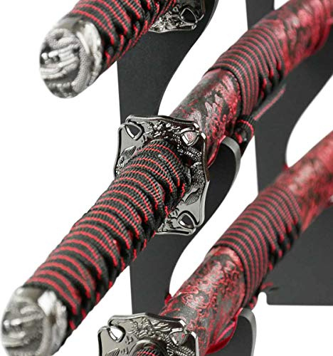 DerShogun Samuraischwert Set Red Dragon Katana Wakizashi Tanto | Inklusive Schwertständer