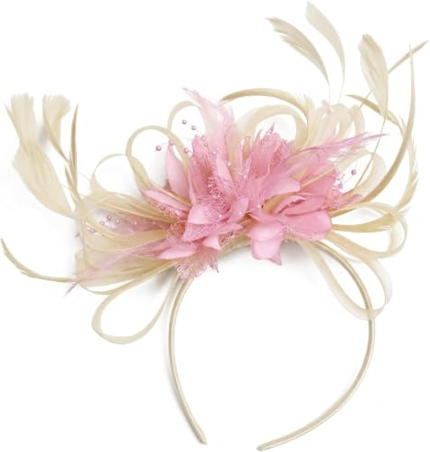 Copricapo fascinator, con cerchietto, piume e retina, colore: bianco panna e rosa chiaro, per matrimoni o corse dei cavalli in stile Royal Ascot