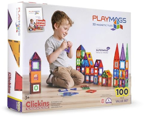 Playmags Magnetische Bausteine - 100 Stück Super Set: Mit stärksten Magneten garantiert, robust, super haltbar mit lebendigen klaren Farbe Fliesen. 18-teiliges Clickins-Zubehör