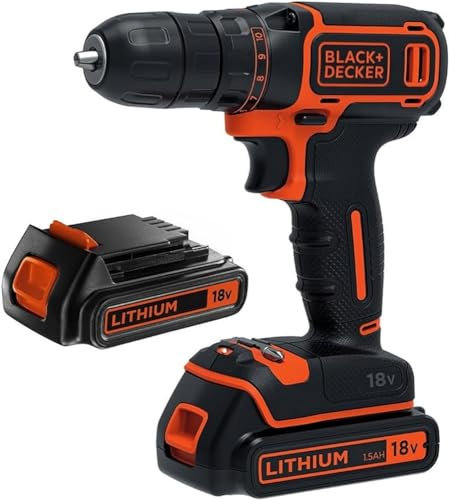 Black+Decker Akku-Bohrschrauber (18V, inkl. 2x Li-Ion Schiebe-Akku, 400 mA Ladegerät, LED-Arbeitsleuchte, Softgriff) BDCDC18B
