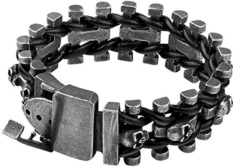 ForFox Herren Damen Punk Schwarz Breites Titan Stahl Totenkopf & Leder Schnalle Armband