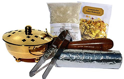 Räucherpfanne Set 5 teilig Räuchergefäß zum Räuchern von Weihrauch, Harzen, inkl. Weihrauch, Räucherkohle, Räuchersand, Räucherzange (Gold/Messing)