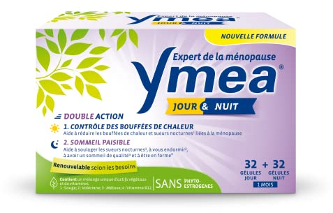 Ymea Jour & Nuit - Complément Alimentaire ménopause1 - actifs végétaux et vitamines - contrôle des bouffées de chaleur1 et sommeil paisible2,3-64 gélules - 1 mois