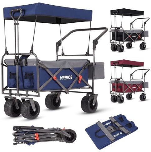 Arebos Handcart Foldable with Roof | Luxury Hand Trolley | Transport Trolley | XXL Bag | Foldable | Up to 100 kg | 360° Front Wheels | Blue