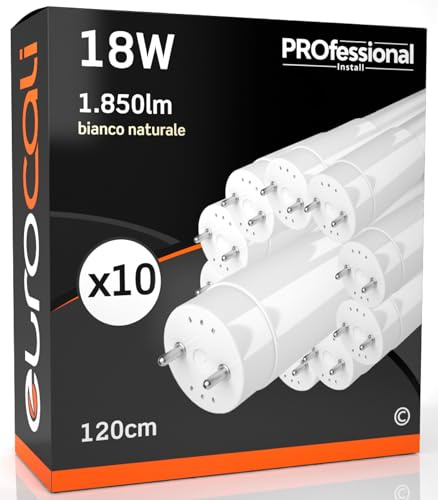 Eurocali 10 Tubi LED 18W 120cm T8 G13 con Starter 1850 Lumen Garanzia 6 Anni - Luce Naturale 4000K Alta Luminosità 102 lm/W - Materiale Nano Plastic Sostituzione Neon per Soffitto Garage Casa
