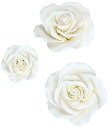 O'Creme Garden Roses Gumpaste Flower Set - White Edible Flowers for Cake Decorating - for Cakes, Candy, Cupcake Toppers - Birthday, Wedding, Valentines, Baby Shower - 2 of 3 Sizes, Total 6