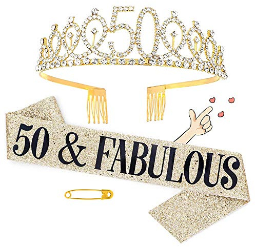 Set di diadema con fascia e corona per 50° compleanno, con strass, per donne, decorazioni per ragazze e adulti, ideale forniture per feste (oro)