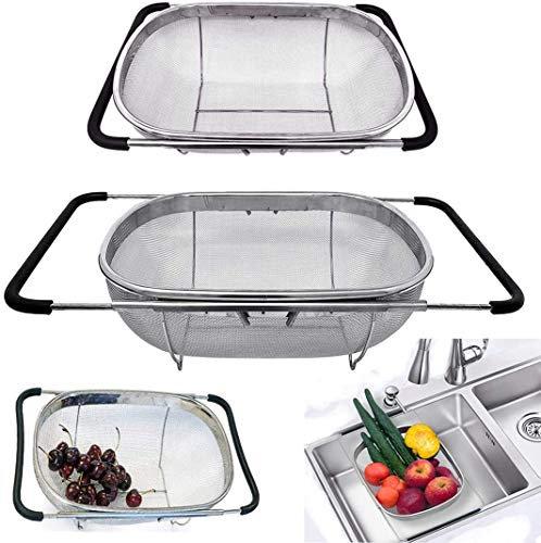 D L D Premium-Qualität über der Spüle, ovales Sieb aus Edelstahl mit feinem Siebkorb und erweiterbaren Gummigriffen – Sieb, Abtropfen, Spülen von Obst, Gemüse (Upgrade)