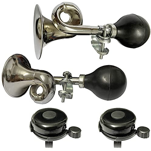2 Pack Loud Sound Bike Bugle Horn Retro Metal Squeeze Clown Horn and 2 Pack Aluminum Bicycle Bell Fits Kids Adults Cycle Handle Bar and Golf Cart