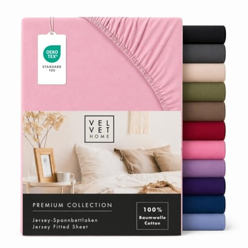 VelvetHome Lenzuolo con Angoli Matrimoniale 180x200 cm, 100% Cotone Pettinato, Jersey per Materassi fino a 25 cm, OEKO-TEX Elastico, Traspirante, Morbido, Rosa Chiaro
