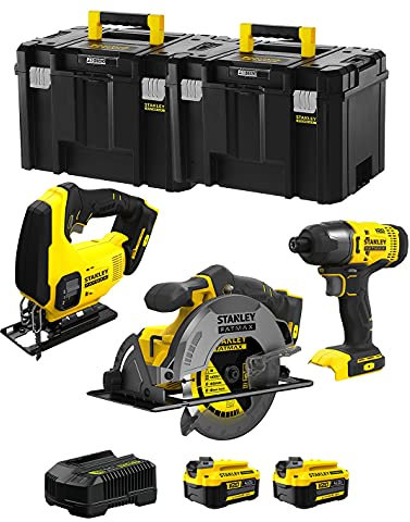 STANLEY FatMax Kit SVK305 (Sierra de Calar SFMCS600 + Sierra Circular SFMCS500 + Atornillador de Impacto SFMCF800 + 2 Baterías de 4,0 Ah + Cargador + TSTAK VI)