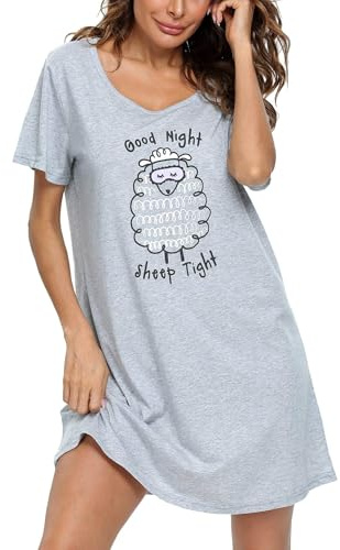 ENJOYNIGHT Women Nighties Short Sleeve Nightshirt Ladies Cotton Blend Soft Nightdress Print Sleepshirt Loungewear (X-Large,Grey Sheep)