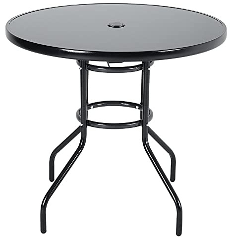 The Fellie Gartentisch Outdoor Esstisch mit Sonnenschirmloch Balkontisch mit Gehärtete Glasplatte & Metallrahmen, Runder- Couchtisch, 80 x 72cm Beistelltisch für Garten, Rasen (Schwarz)