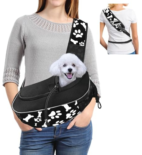 Gloppie Kleine Hundetrage/Katzentrage mit Verstellbarem Riemen, Freihändig, Tragetuch für Haustiere, Welpen, Reisetasche, für kleine Hunde und Katzen unter 5 kg, Pfoten & Knochen Muster, Schwarz, M