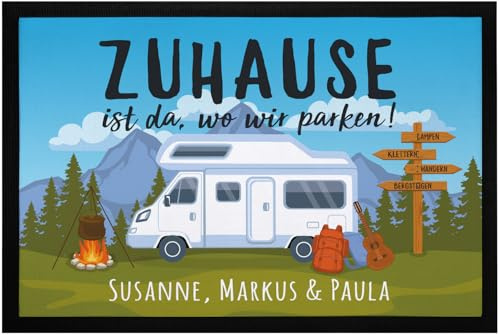SpecialMe® Fußmatte mit Namen Zuhause ist da wo wir parken personalisiert Geschenk für Wohnmobilbesitzer Familie Schwarz 60x40cm