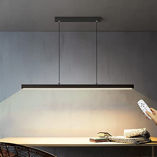 LED Pendelleuchte Dimmbare Schwarz Langer Streifen Esstisch Hängeleuchte mit Fernbedienung Moderne linear Design höhenverstellbar Kronleuchter Lampe für Büro Bar Esszimmer Küche (Schwarz, 120cm/48W)
