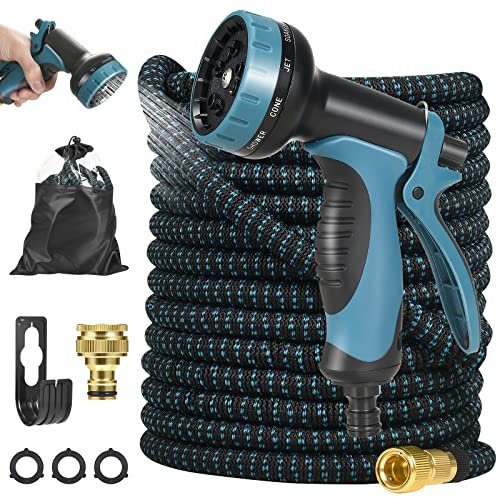 Expandable Garden Hose 100FT, Flexible Garden Hose Pipe with 10 Function Spray Gun, 3 Times Expanding Watering Hose Pipe with 3/4 1/2 Brass Fitting Quick Connector for Garden Watering Cleaning