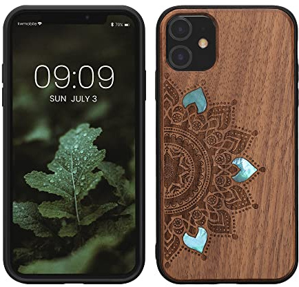 kwmobile Hülle kompatibel mit Apple iPhone 11 Hülle - Holz Case - Handy Cover - TPU Handyhülle in Dunkelbraun Aufgehende Sonne Perlmutt