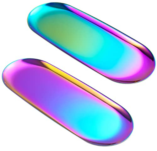 Lot de 2 Plateau Ovale Arc-en-Ciel en Acier Inoxydable – Finition Miroir, Revêtement sous Vide Durable – Rangement et Décoration pour Bijoux, Maquillage, Cosmétiques, Salon, Entrée, Salle de Bain