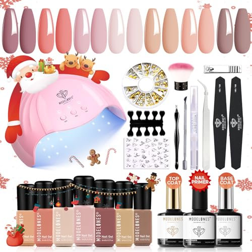 Modelones UV Nagellack Set, Gel Nagellack UV Set Set Starterset mit Lampe 48W 7 Farben Rosa Nude Orange,Gelnägel Starterset mit Base Top Coat und Bonding Primer Gel Nagellack Set mit UV Lampe