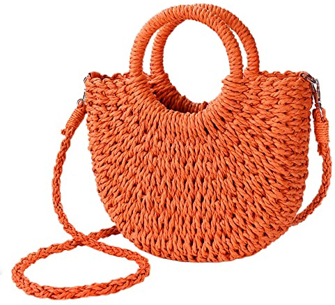 Dam halm strandväska vävd crossbody axelväskor topphandtag skolväska handväska för sommaren, Orange, onesize