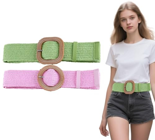 Eterspr 2 Stück Strohgürtel für Frauen, Geflochtener Strohgürtel für Stroh Elastische Taille, Geflochtener Strohgürtel, für Damenkleid, Jeans, Pullover, 2 Styles (Rosa, Grün)
