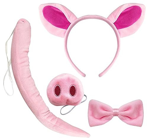 Halloween-Schweineohren-Haarreif, Nase, Fliege, Schwanz, Rosa, Schweine-Haarreifen, Fliege, Tier-Kopfschmuck, Haarbänder, Damen, Weihnachten, Urlaub, Festival, Cosplay, Verkleidung,