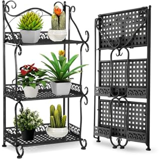 BTGGG Outdoor 3 Tier Foldable Metal Plant Stand - Black Plant Pot Stand Shelf for Garden, Balcony, Patio