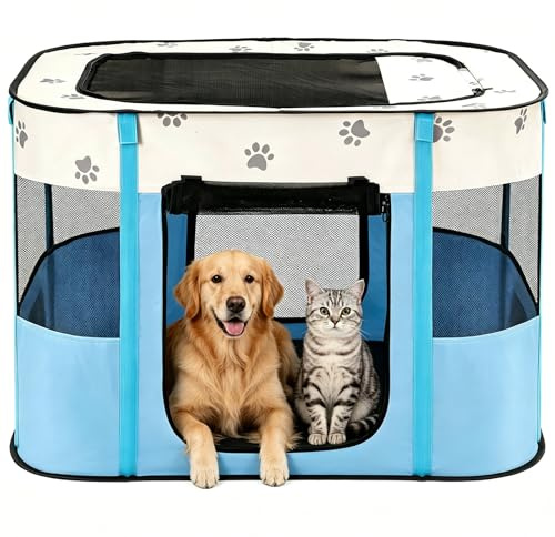 Avont Tierlaufstall Tragbar Welpenauslauf Hundebox für Hund & Katze, Leicht Faltbar & Abschließbar Kreißsaal für Reißen Camping Haustier Play Pen Zelt - S - Blau | Wasserabweisende, atmungsaktive Schattenabdeckung, Reise, Camping, Verwendung für kleine Tiere, mit Tragetasche, (S/Blau)