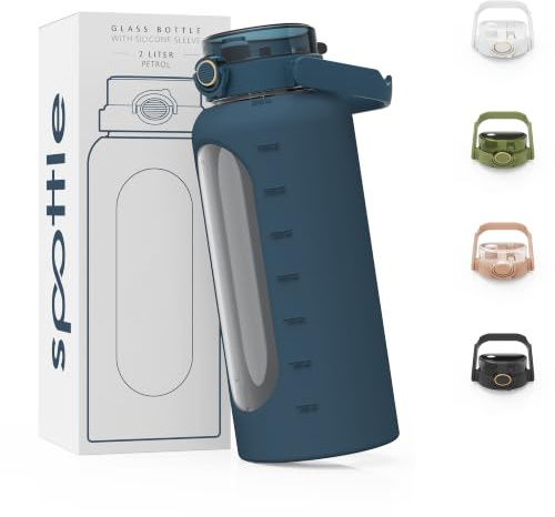 spottle Glasflasche 2 Liter - Trinkflasche 2L Glas mit Strohhalm - Große Wasserflasche mit Schutzhülle aus Silikonhülle - auslaufsicher - spülmaschinenfest - BPA-frei