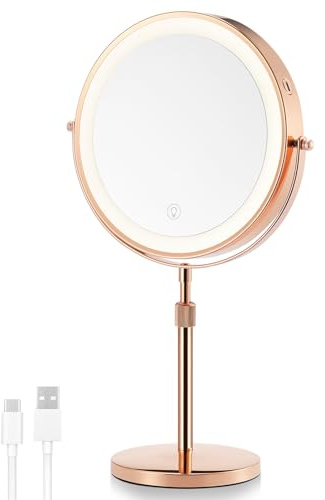 OMIRO 3X/10X Magnifying Makeup Mirror with Light, 8.5 Inches Double Sided Swivel-Free Vanity Mirror with height-adjustable stand(Rose Gold)