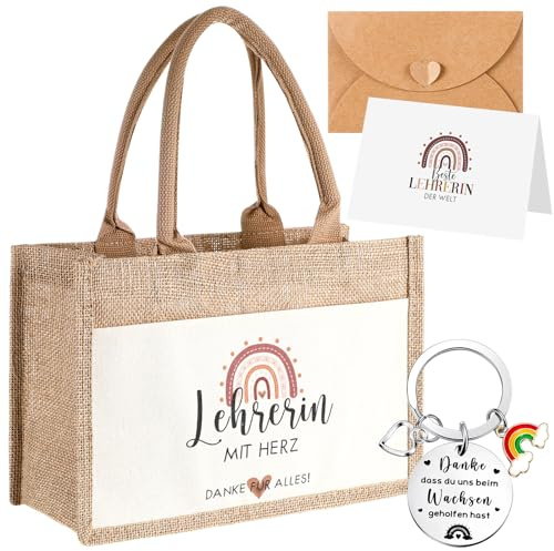 Tenare 4er Set Dankeschön Geschenke Lehrerin mit Herz Weltlehrertag | Jute Handtasche, Schlüsselanhänger mit Gravur, Regenbögen Dankeskarte, Abschiedsgeschenk Lehrergeschenk zum Weihnachten