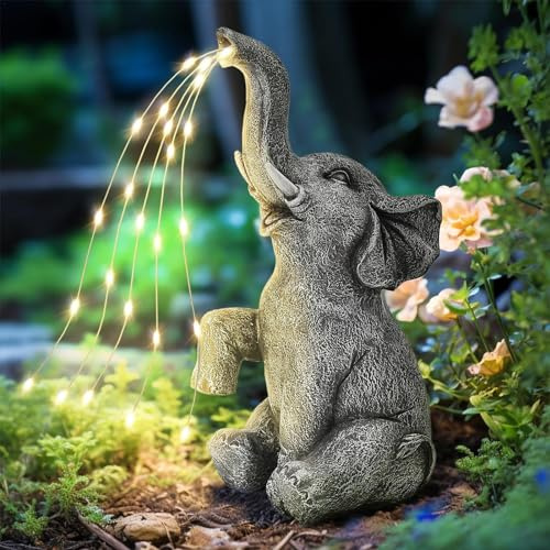 JINGAN Elephant Garden Statue With Solar LED Watering Lights - Decorative Garden Ornament