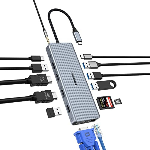 OOTDAY Concentrador USB C, Adaptador 14 en 1 USB C con Triple Monitor HDMI*2, VGA, 100 W PD, SD/TF, Ethernet, Audio/micrófono, estación de Acoplamiento para MacBook M1/M2, Thunderbolt 3, Windows