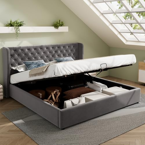 Cama Matrimonio 140 x 190 Tapizada en Forma de Oreja, Con Espacio de Almacenamiento, Doble, de Terciopelo, Funcional Hidráulica Con Somier, Gris