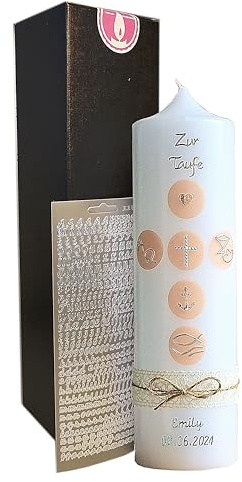 TAUFKERZE, KOMMUNIONKERZE, Junge, Mädchen, Kreise Hautfarbig, mit Schleifen, 250/70 mm, mit Zubehör zum selbstbeschriften und Aufbewahrungskarton - Handarbeit, Wachsmotiv