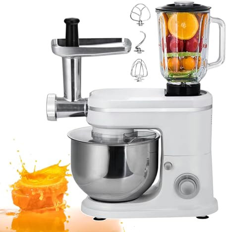 Batidora Y Picadora De Pie Profesional 3 En 1 | Máquina De Cocción Mezcladora De Jugos | Licuadora Con Picado De Carne Y Extracción De Jugo | Batidora De Alimentos Eléctrica Con Gancho,White
